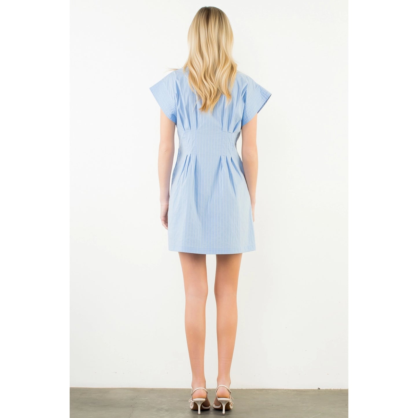 Short Sleeve Striped Button Down Dress - Blue - Spinout