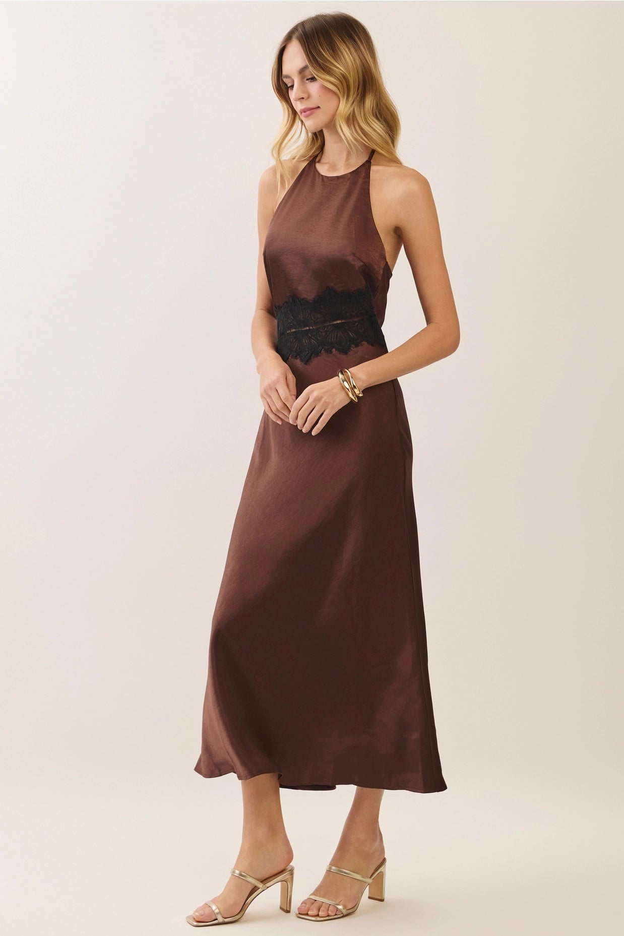Lace Waist Satin Halter Maxi Dress - Chocolate