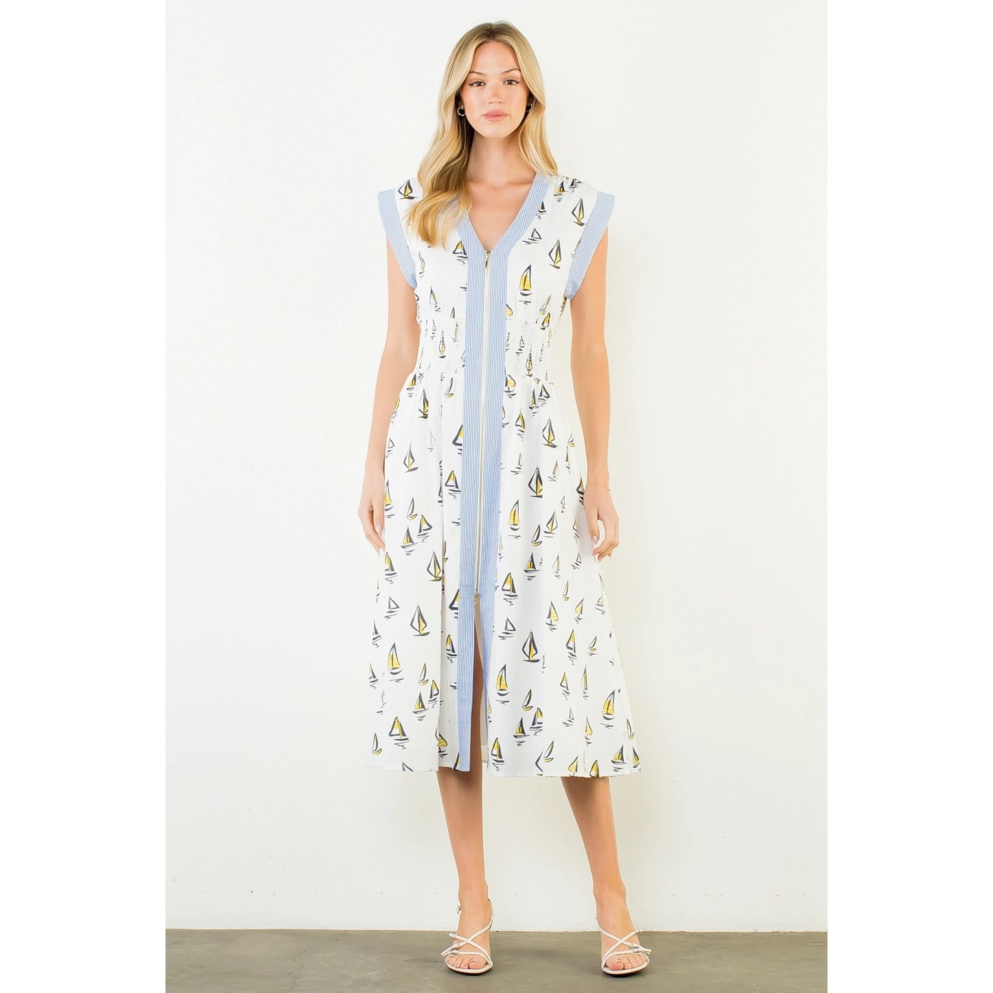 Short Sleeve Sailboat Pattern Midi Dress