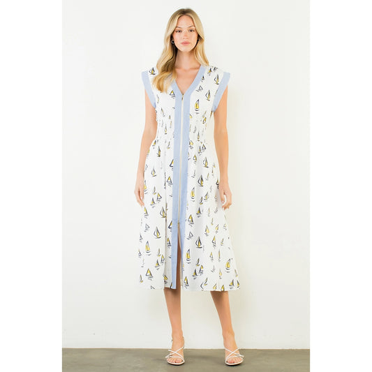 Short Sleeve Sailboat Pattern Midi Dress - Cream