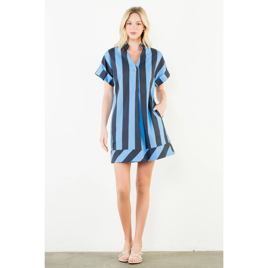 Short Sleeve Striped V-Neck Dress - Blue