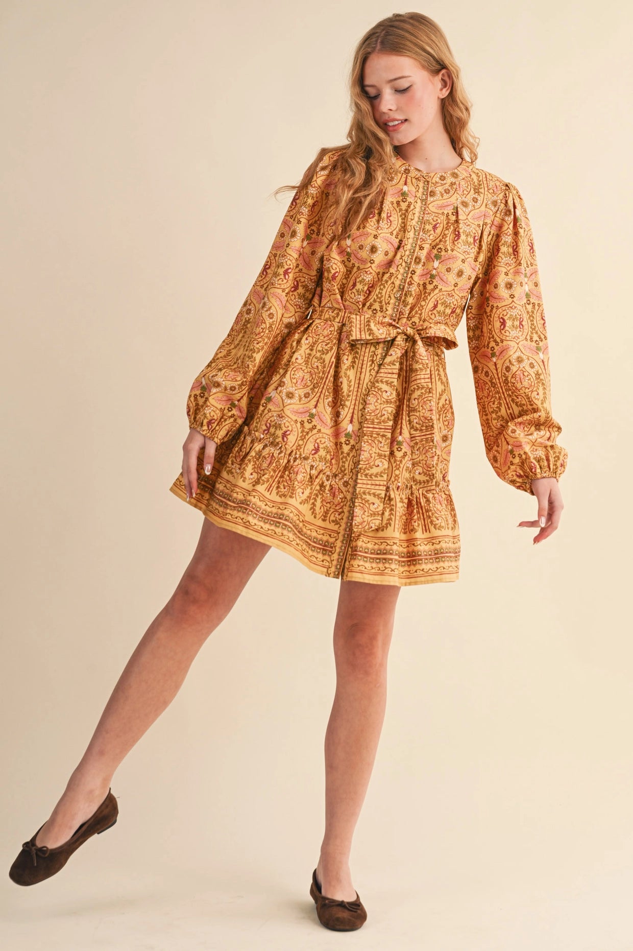 Exclusive Floral Print Button Down Belted Mini Dress - Mustard Multi