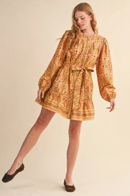 Exclusive Floral Print Button Down Belted Mini Dress - Mustard Multi