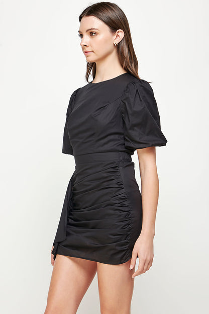 Ruched Short Puff Sleeve Voile Mini Dress - Black