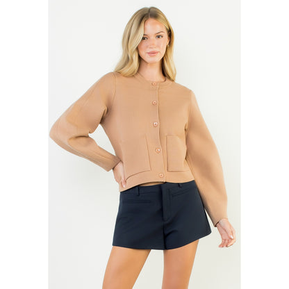Long Sleeve Cropped Cardigan - Beige