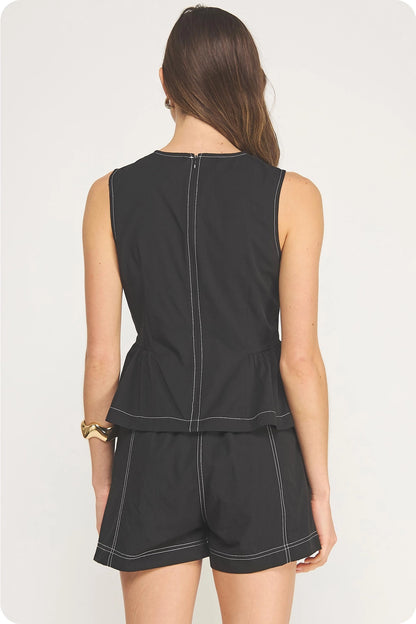 Top-Stitch Poplin Sleeveless Top - Black/Off-White