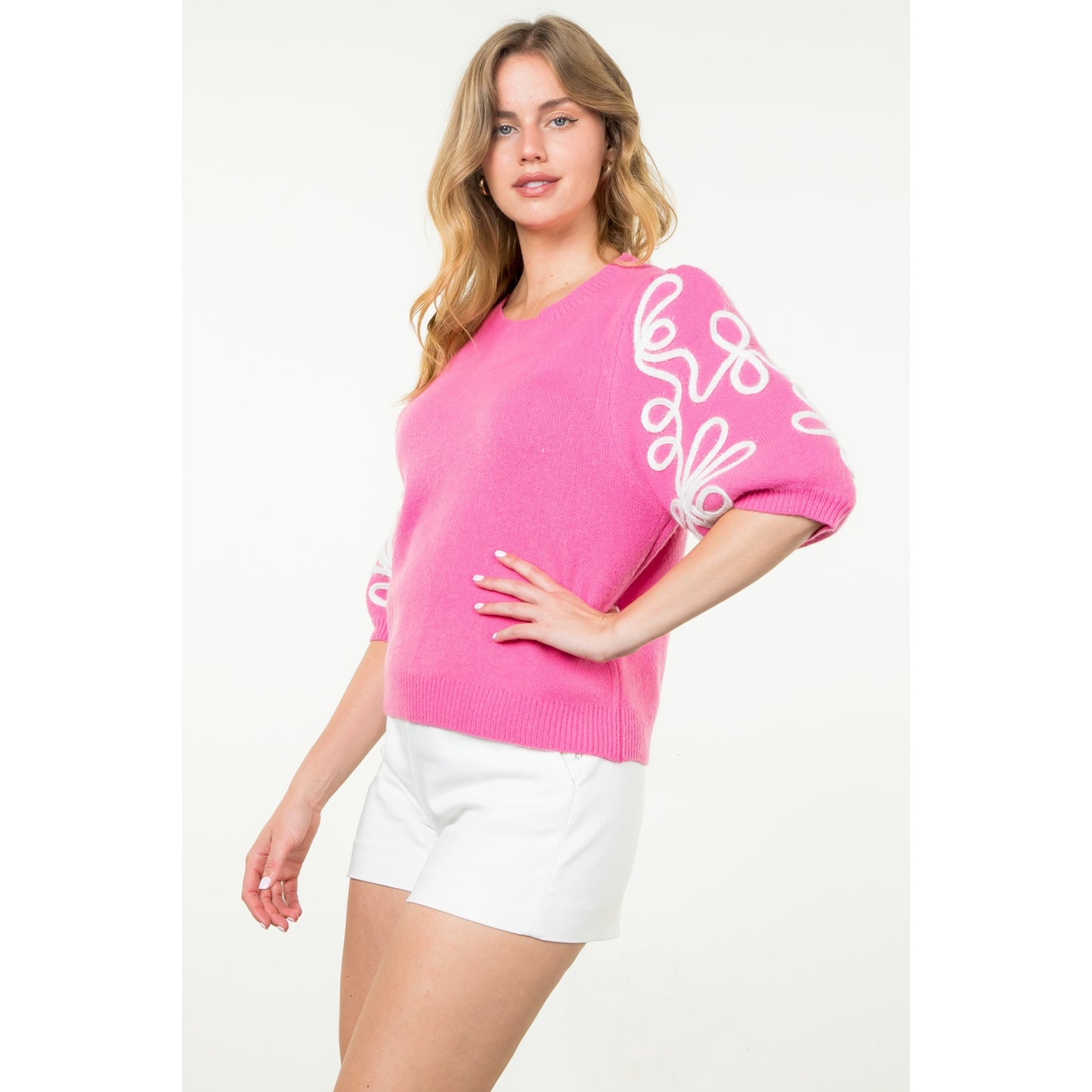 THML - Short Sleeve Embroidered Detail Knit Top - Pink