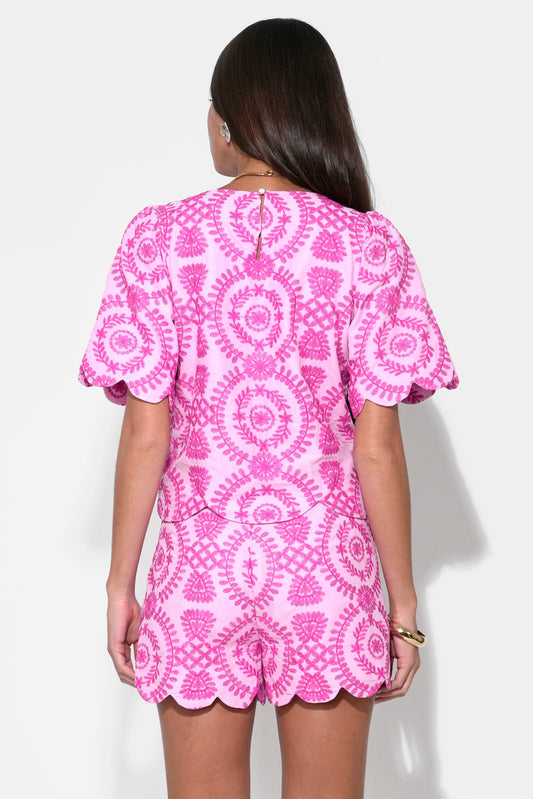 Rose Embroidery Top & Shorts Set - Lilac/Magenta