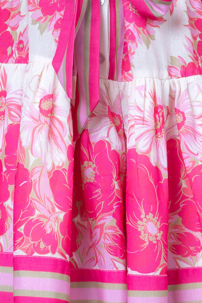 Long Sleeve Button Up Printed Dress w/Self Tie - Pink Multi - Spinout