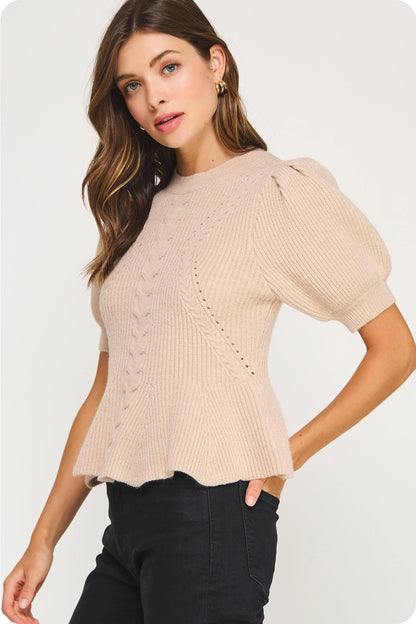 Flared Puff Sleeve Knit Top - Oatmeal