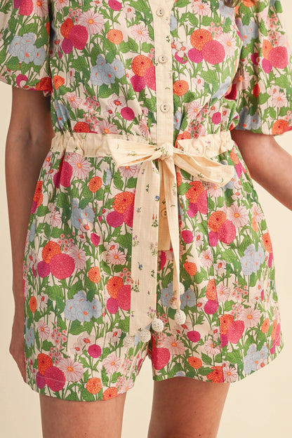 Bubble Sleeve Floral Print Romper - Cream Pink Floral