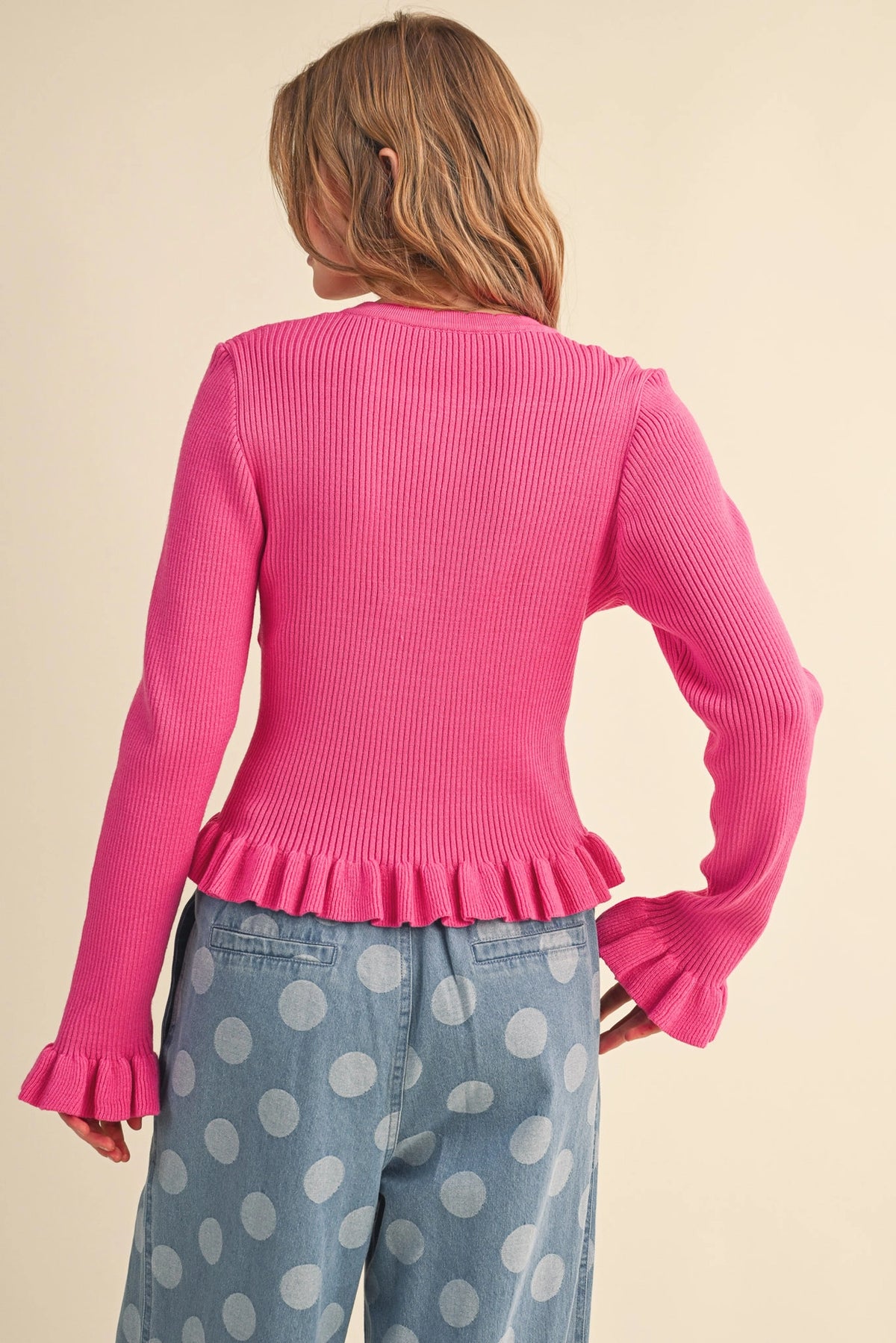 Ruffle Hem Ribbed Knit Sweater Cardigan - Electric Fuchsia