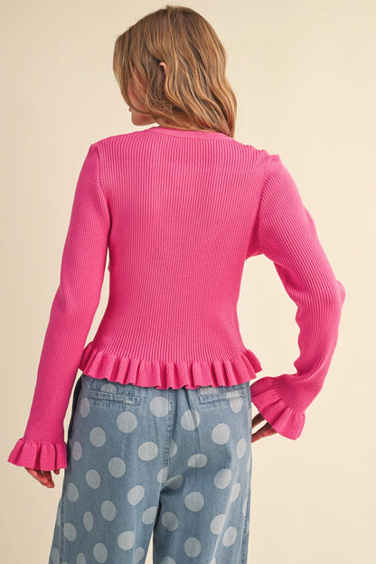 Ruffle Hem Ribbed Knit Sweater Cardigan - Electric Fuchsia