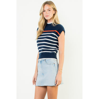 Cap Sleeve Stripe Knit Top - Navy