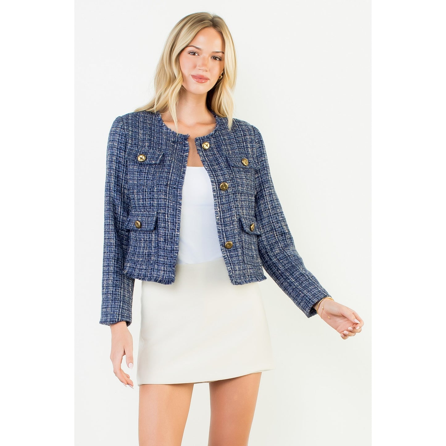 Fringe Hem Button Front Tweed Jacket - Navy