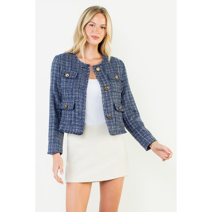 Fringe Hem Button Front Tweed Jacket - Navy