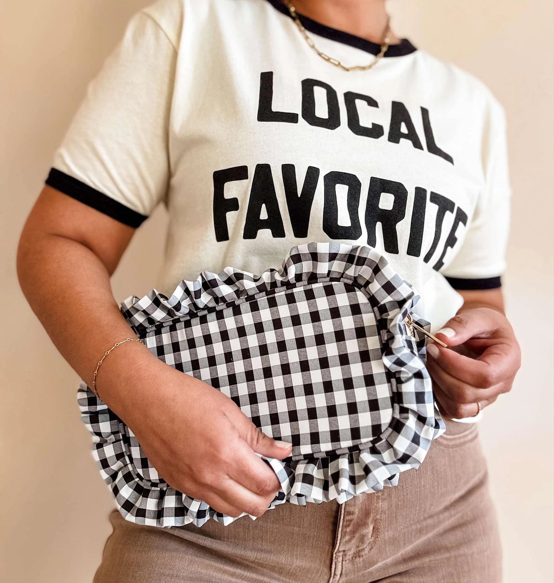 Gingham Ruffle Zipper Pouch Embroidery Friendly Cosmetic Bag - Black - Spinout