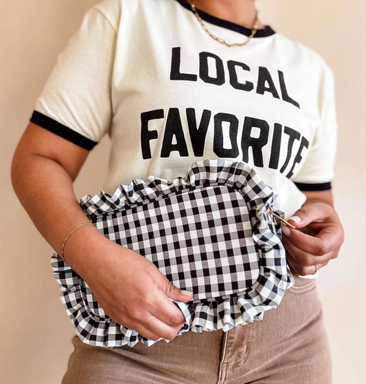 Gingham Ruffle Zipper Pouch Embroidery Friendly Cosmetic Bag - Black - Spinout