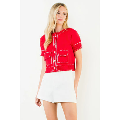 Short Sleeve Knitted Button Up Top - Red
