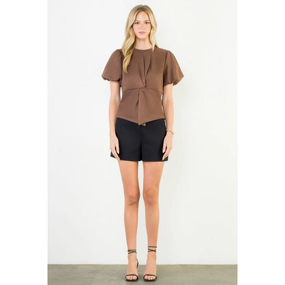 Puff Sleeve Twisted Detail Suede Top - Brown