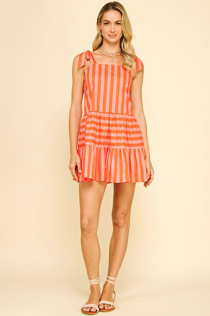 Striped Self-Tie Sleeve Mini Dress - Orange Coral