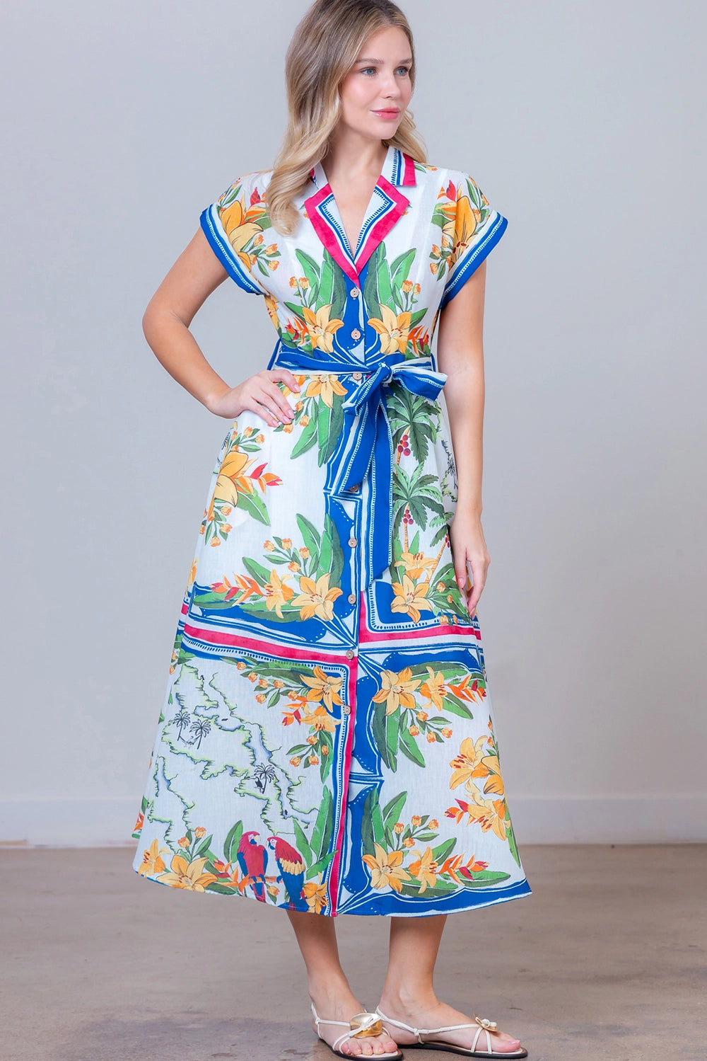 Button  Midi Dress - Ivory/Multi - Spinout