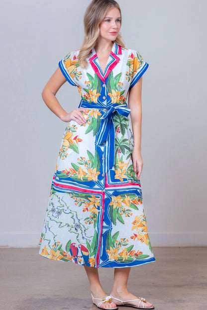 Button  Midi Dress - Ivory/Multi - Spinout