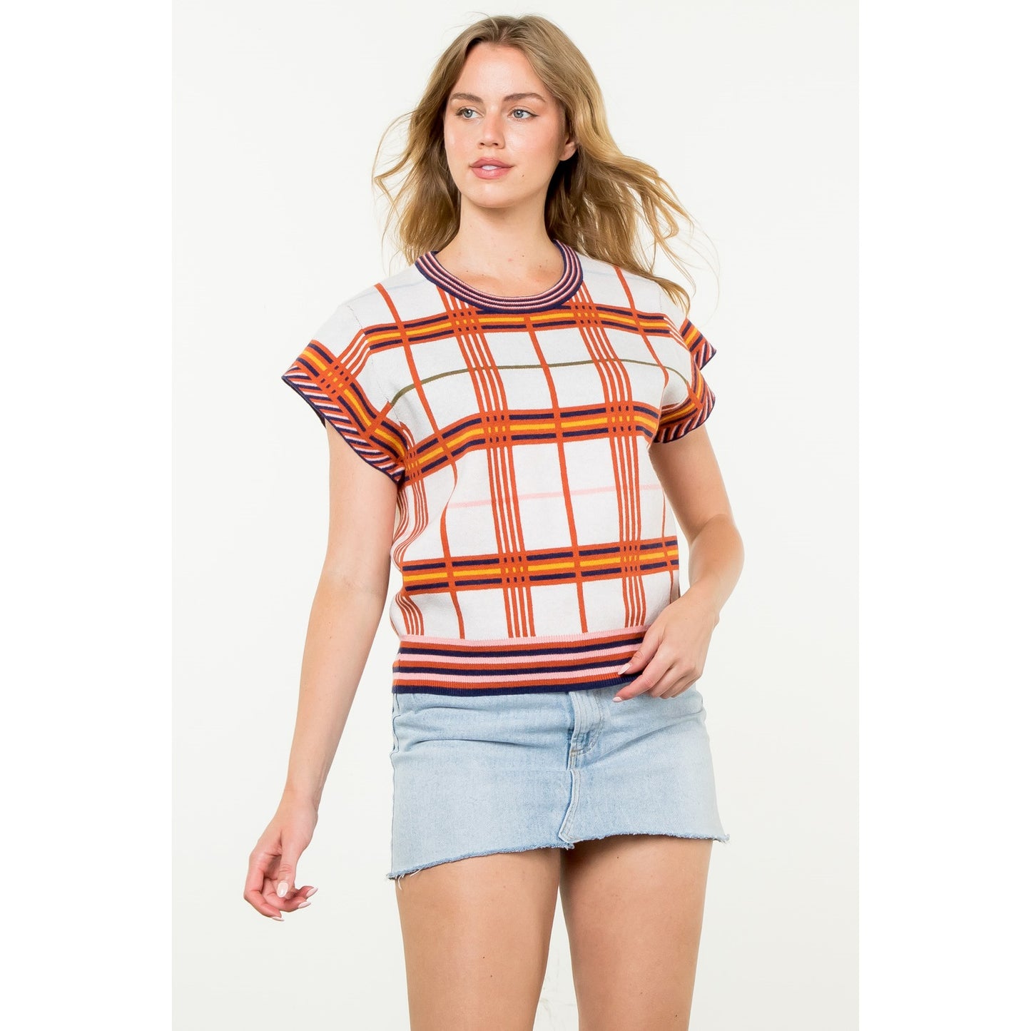 THML - Short Sleeve Plaid Top - Cream