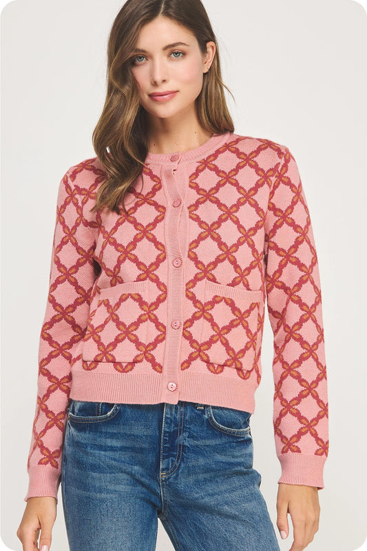 Chainlink Intarsia Cardigan Sweater - Mauve Multi