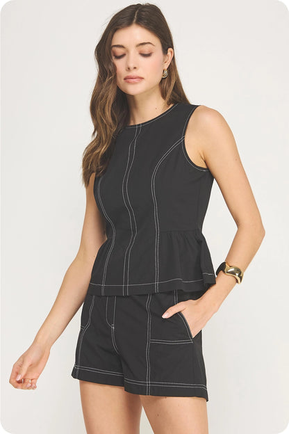 Top-Stitch Poplin Sleeveless Top - Black/Off-White