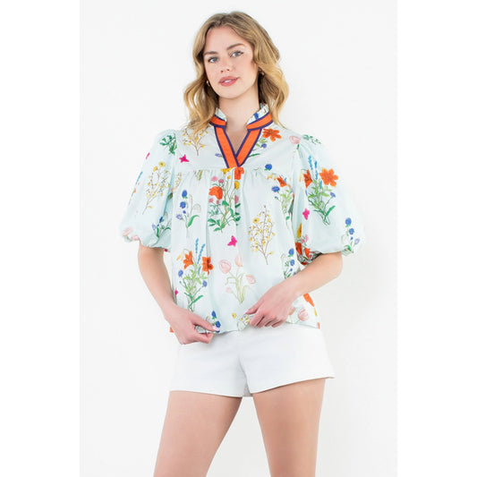 THML - Puff Sleeve Floral Top - Light Blue