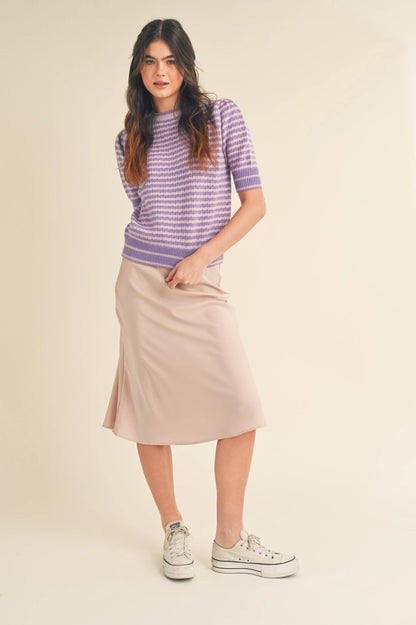Striped Pointelle Knit Puff Sleeve Sweater - Pink Lavender