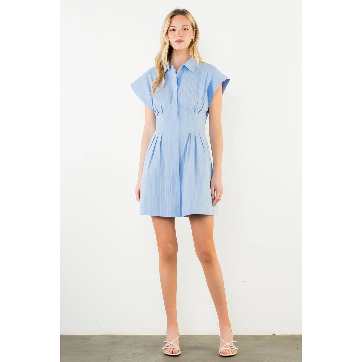 Short Sleeve Striped Button Down Dress - Blue - Spinout