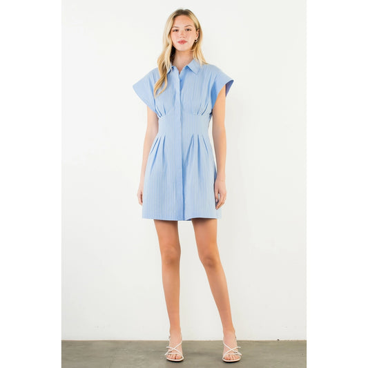 Short Sleeve Striped Button Down Dress - Blue - Spinout