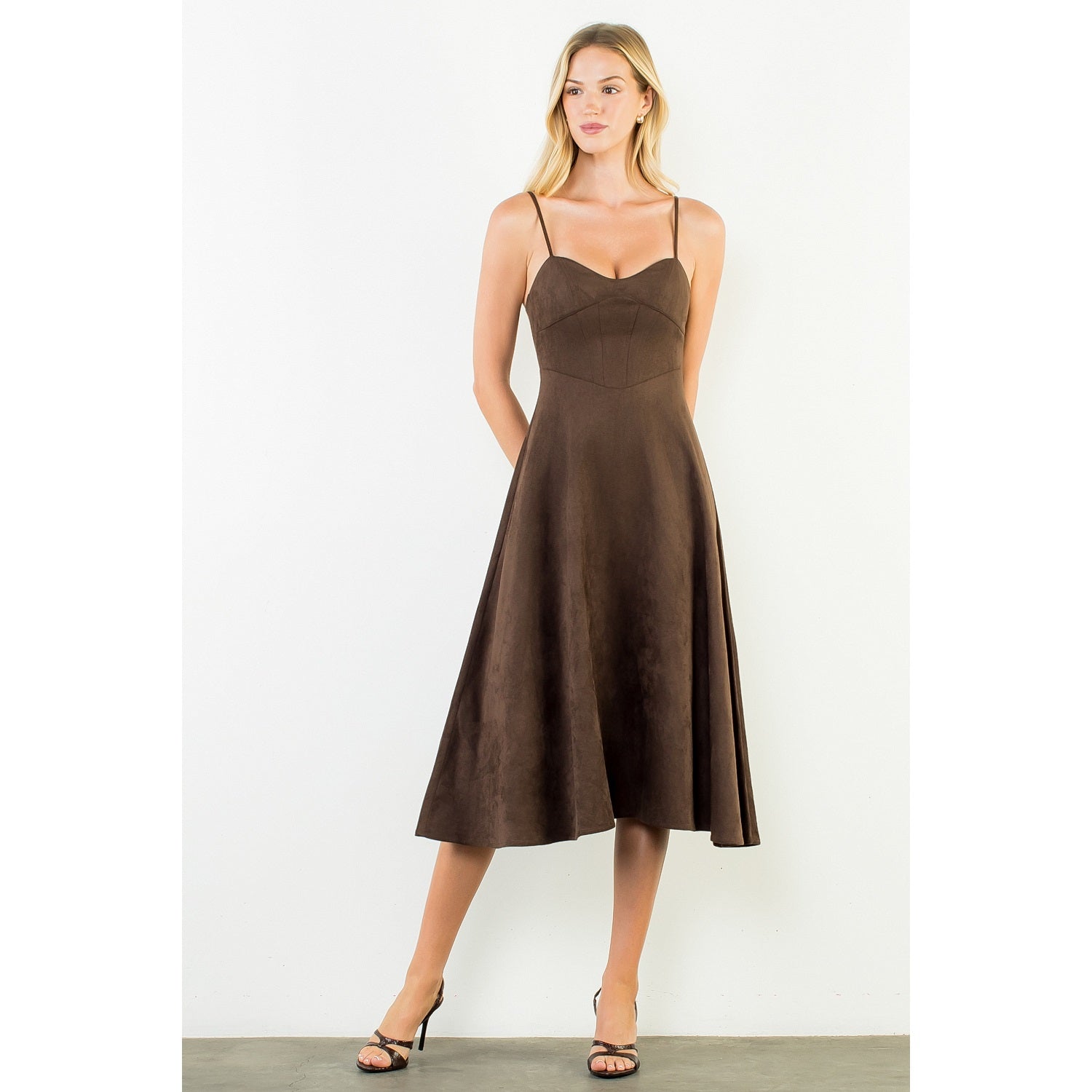 Suede Strapped Dress - Brown