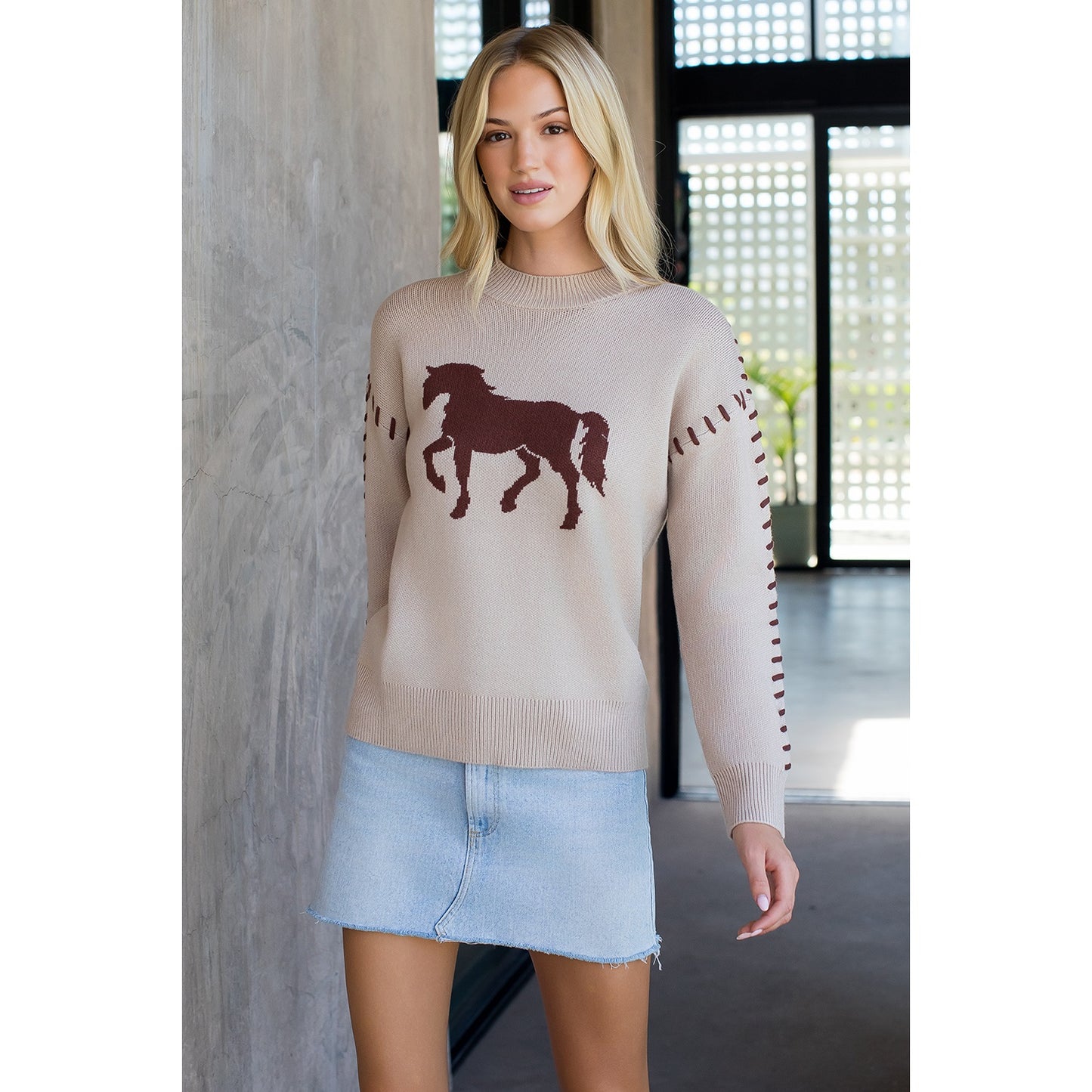 Stitch Detail Horse Knit Sweater - Beige