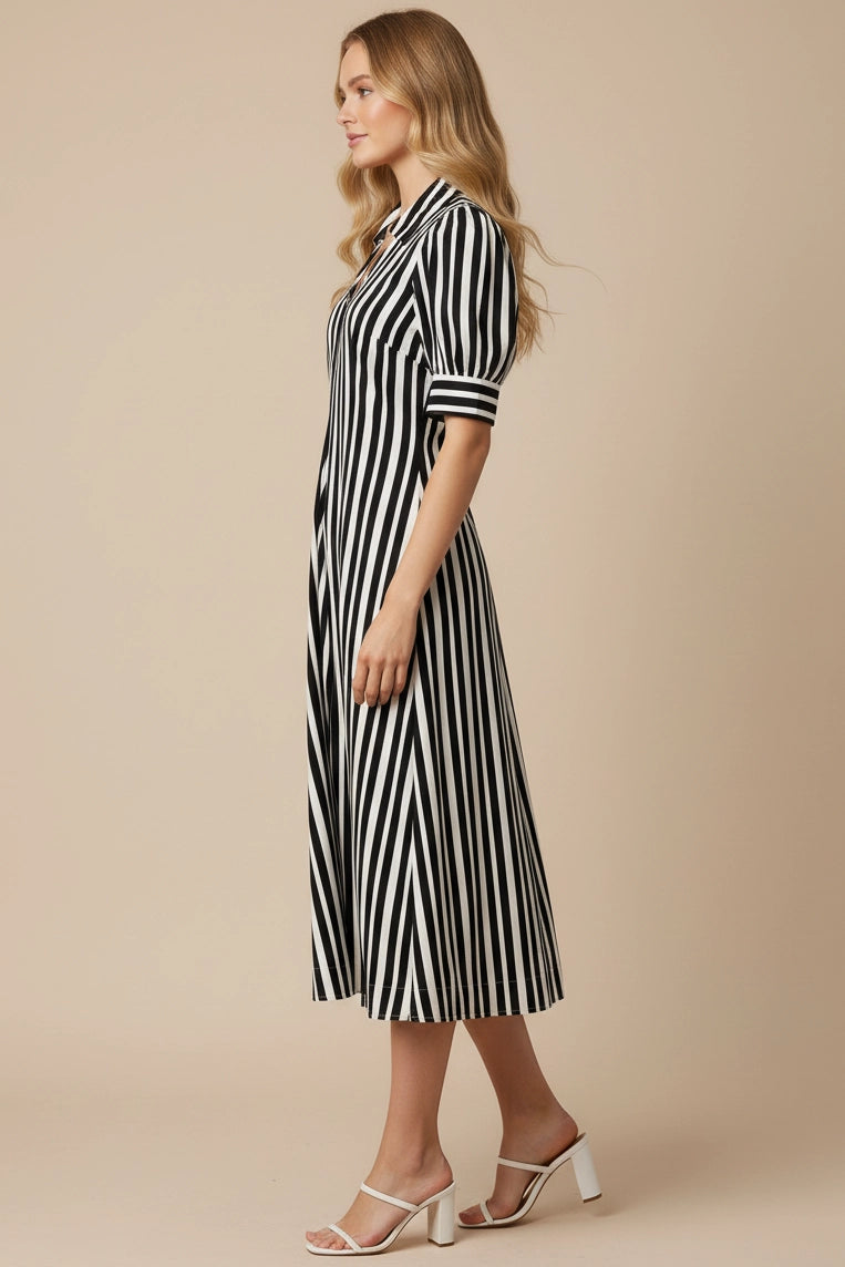 Vertical Striped Midi Dress - Black