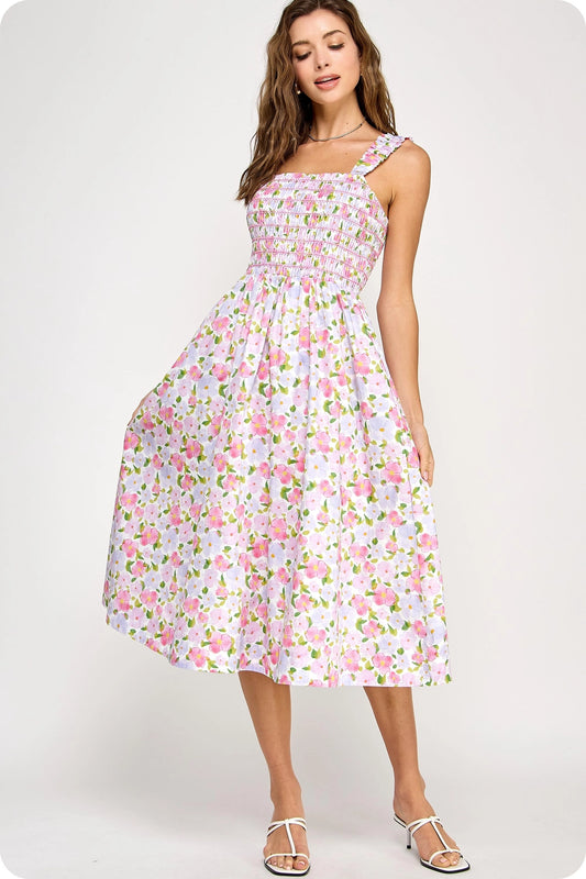 Floral Print Contrast Smocking Midi Dress - Pink Multi