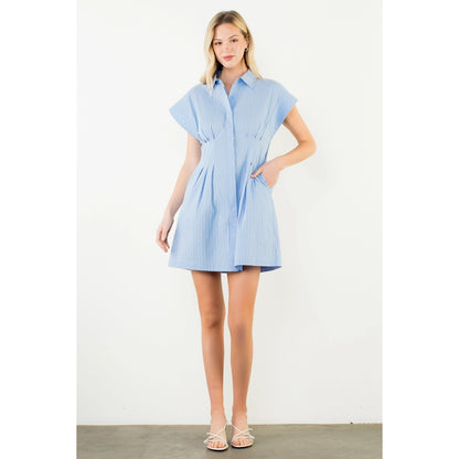 Short Sleeve Striped Button Down Dress - Blue - Spinout