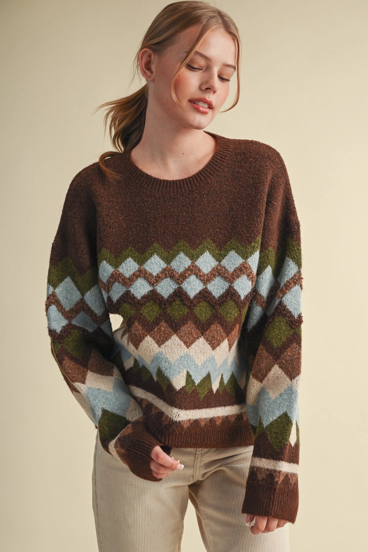 Fuzzy Texture Geometric Knit Sweater - Brown Multi
