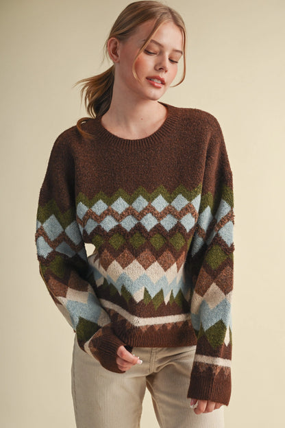 Fuzzy Texture Geometric Knit Sweater - Brown Multi