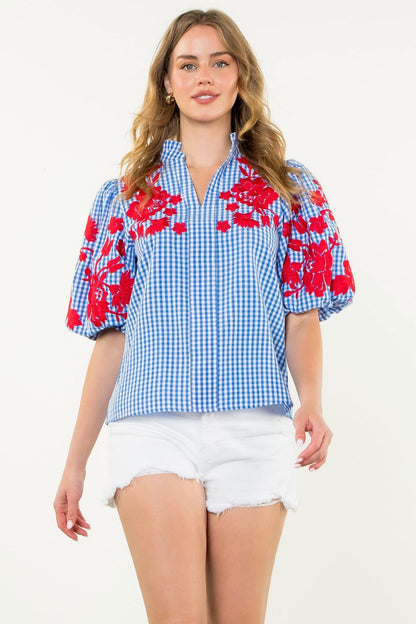 THML - Embroidered Puff Sleeve Gingham Top - Blue