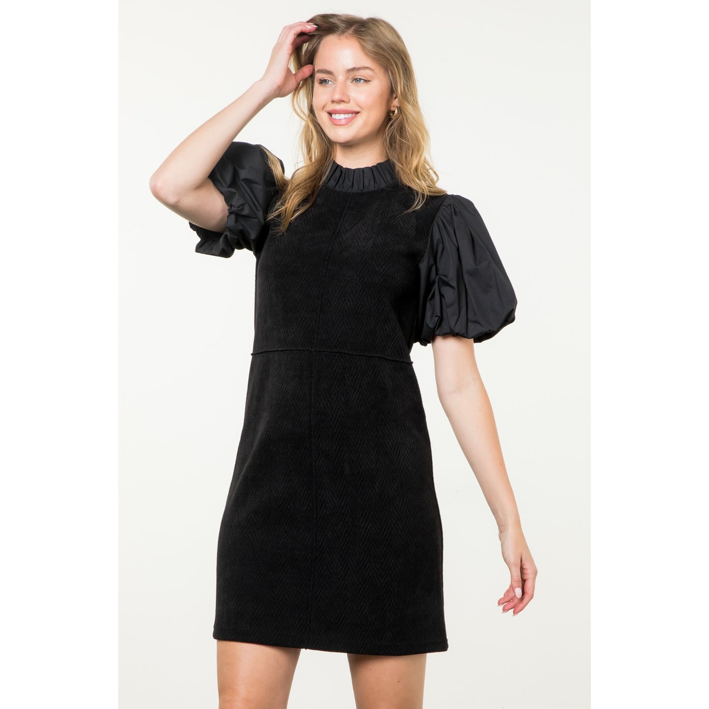 THML - Puff Sleeve Corduroy Midi Dress - Black