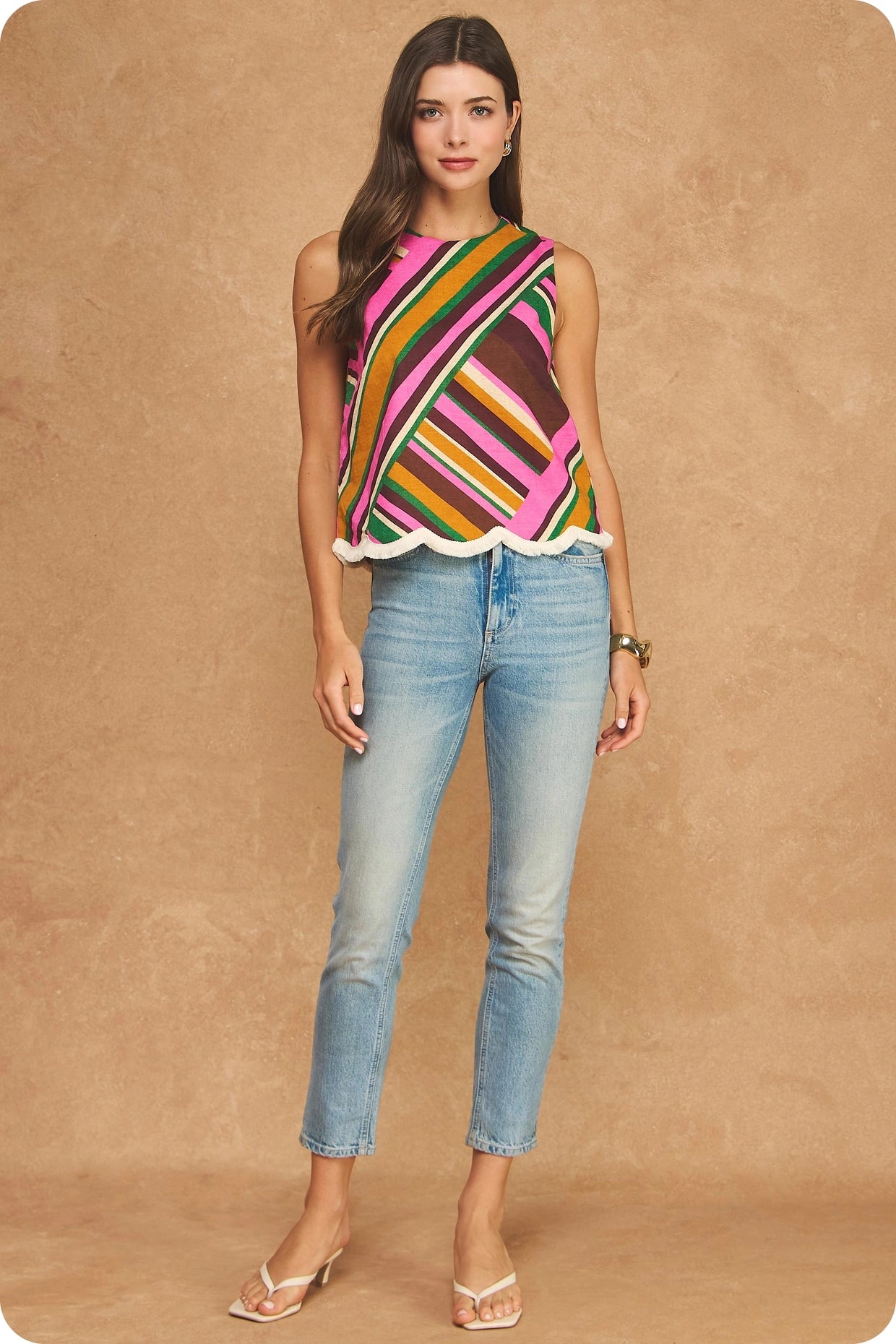Vibrant Geometric Stripe Scalloped Fringe Sleeveless Top - Brown Multi