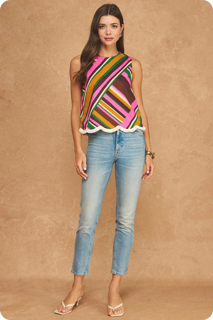 Vibrant Geometric Stripe Scalloped Fringe Sleeveless Top - Brown Multi