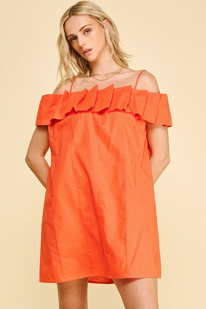Ruffled Off Shoulder Mini Dress - Burnt Orange
