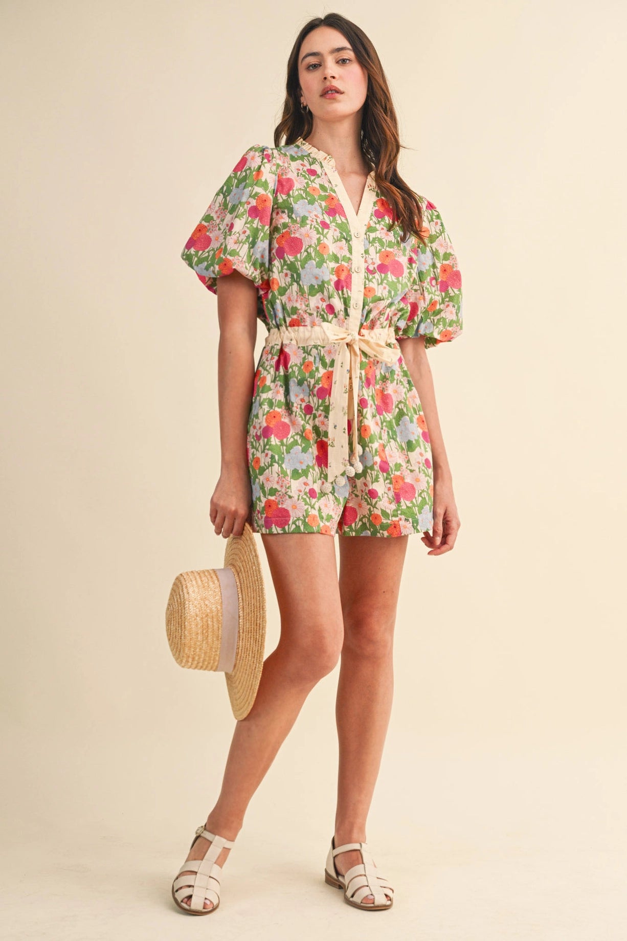Bubble Sleeve Floral Print Romper - Cream Pink Floral