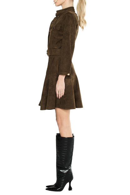 Karrie Belted Long Sleeve Faux Suede Shirtdress - Olive