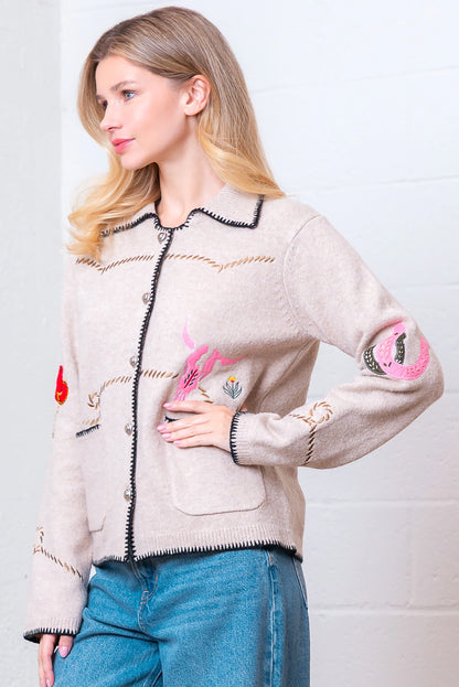 Western Embroidery Sweater Jacket - Oatmeal