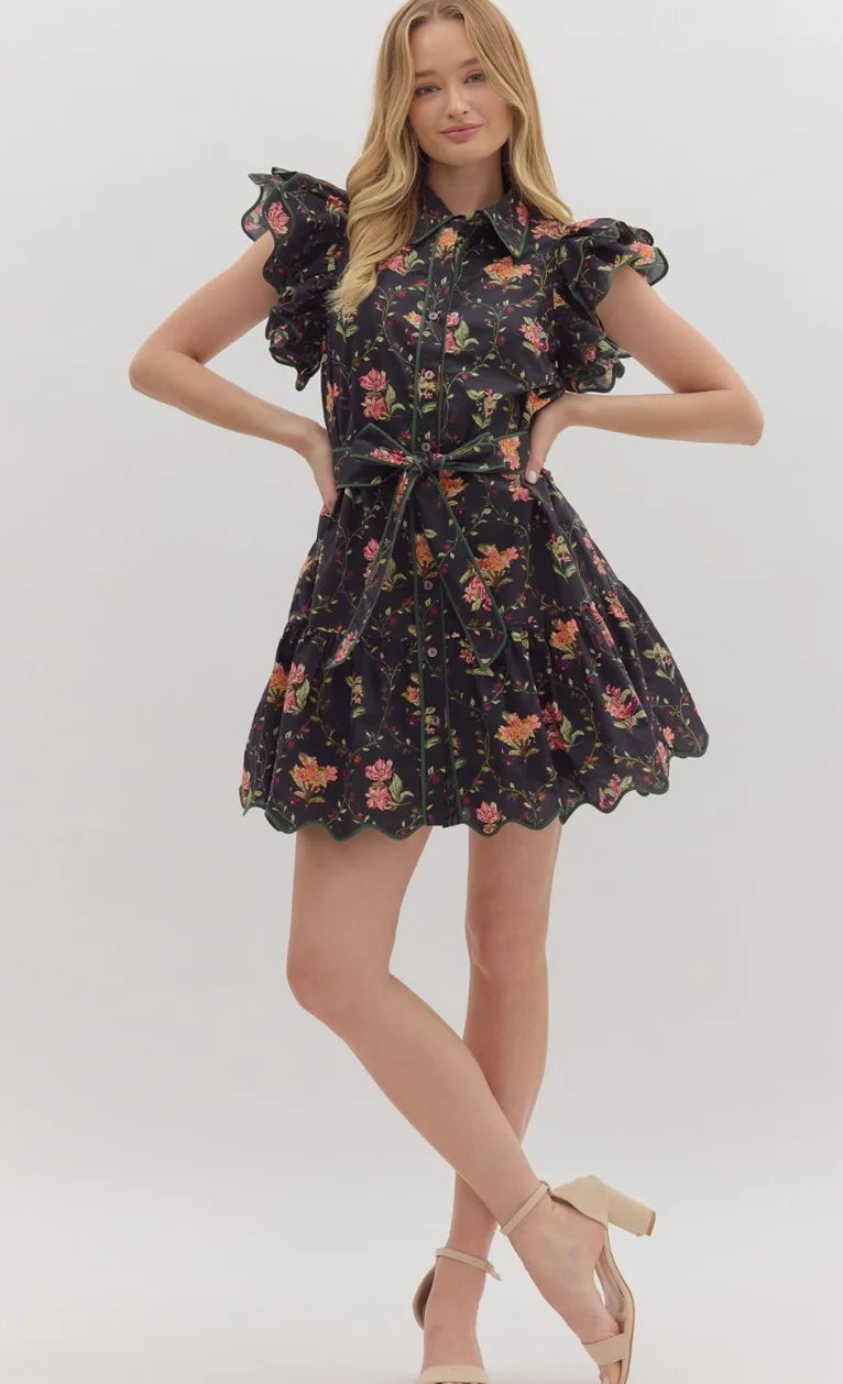 Sara Floral Ruffle Mini Dress - Black